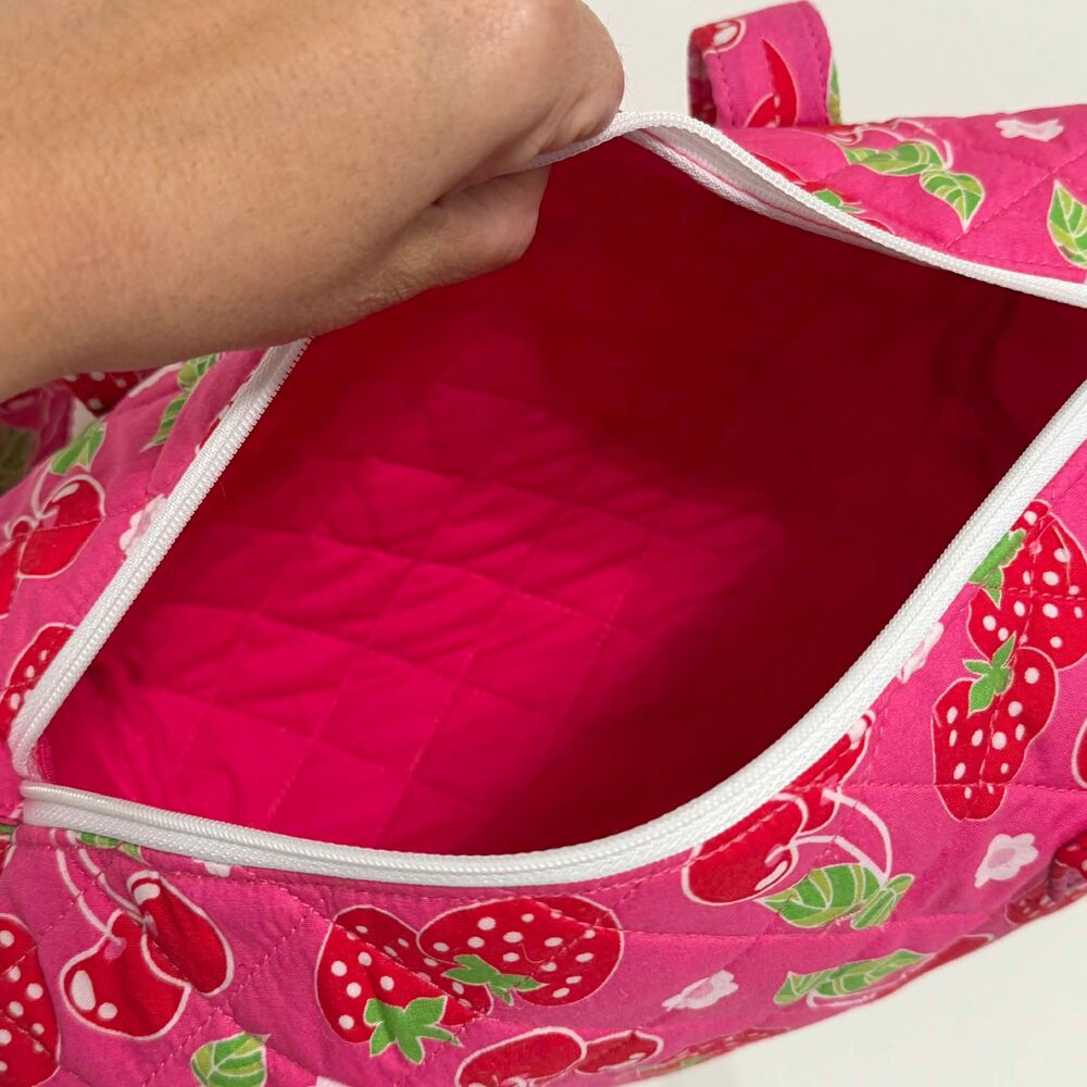 Handmade Quilted Pink Strawberries & Cherries Barrel Bag - Picture 3 of 5